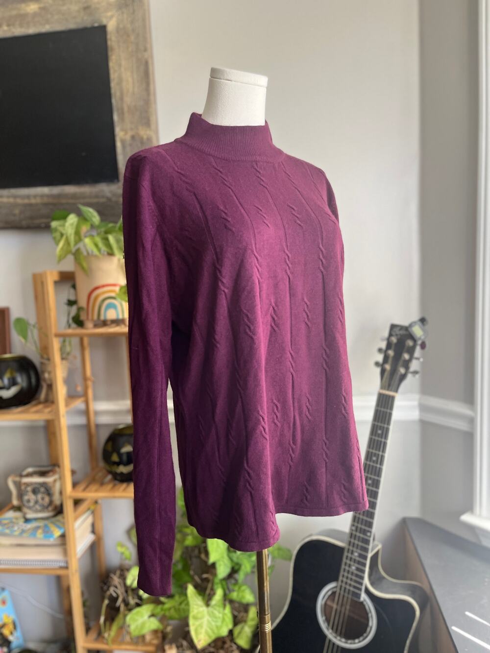 Vintage 90s Purple Sweater Cableknit Mockneck Lightweight Size Large